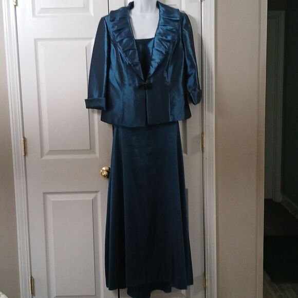 Alex Evenings vintage 3pc metallic turquoise skirt, top, jacket set Sz L NWOT - Picture 1 of 11
